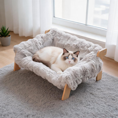 Canapé surélevé en bois kaki gris clair pour animaux de compagnie, avec une housse extérieure amovible et lavable qui est moelleuse et douce, convient aux chats et aux chiens comme lit de loisirs à la maison