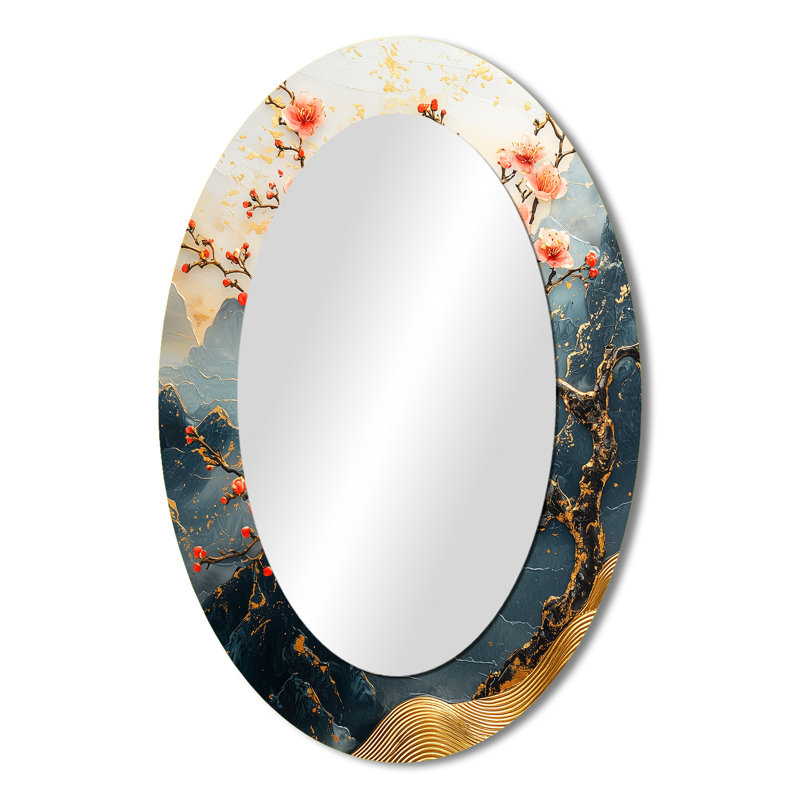 Branches de fleurs de cerisier dorées - Grand miroir mural ovale sur métal, 36 po x 24 po