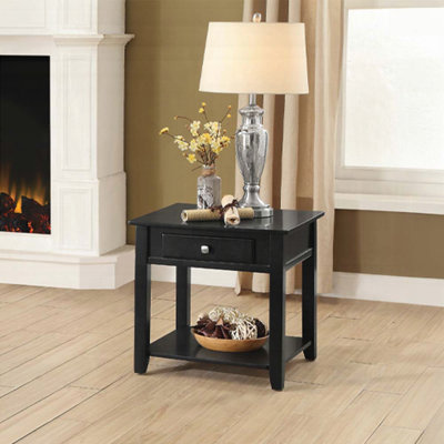 Table de bout noire avec tablette inférieure - plateau en bois, pieds carrés