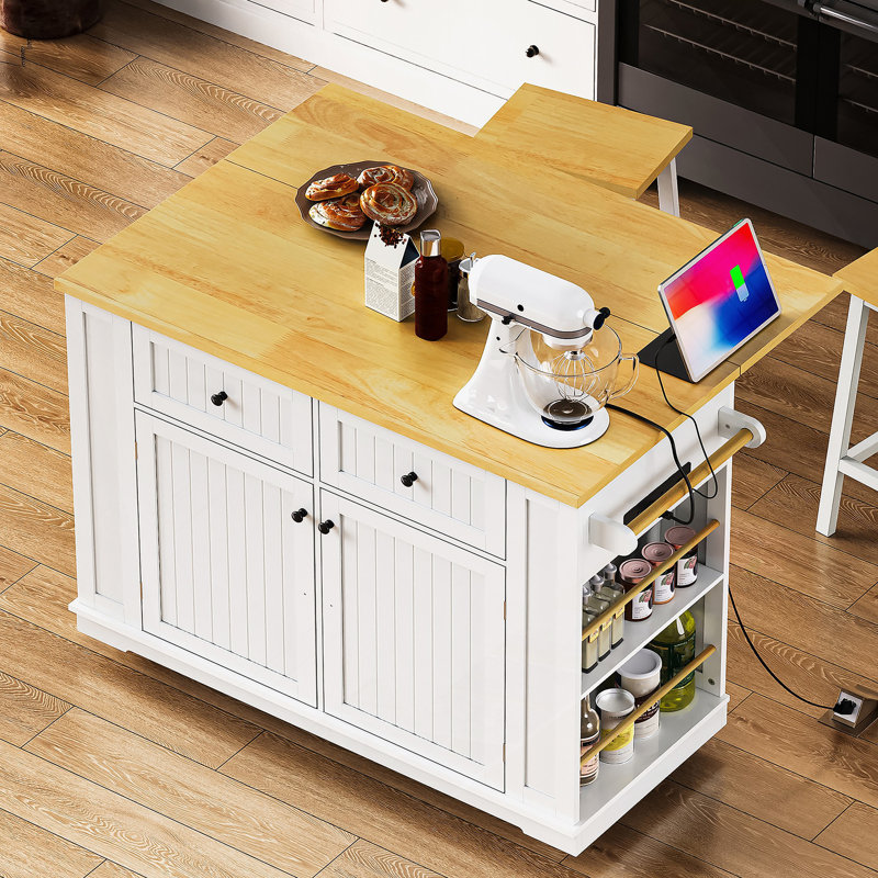 Grand îlot de cuisine de 48 pouces avec rallonge, prise de courant, support de rangement interne, chariot de rangement roulant sur 5 roulettes avec 5 supports latéraux ouverts pour la cuisine, blanc (deux paquets) (sans les tabourets)