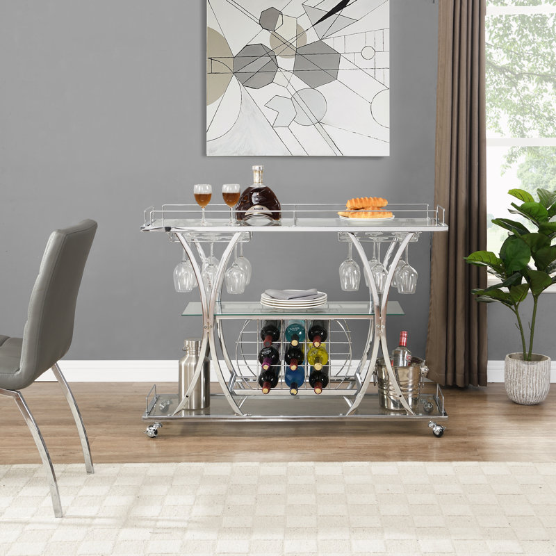 Plasencia Metal Rolling 3 Tiers Bar Cart with Wine Glass Storage and Handle, Silver