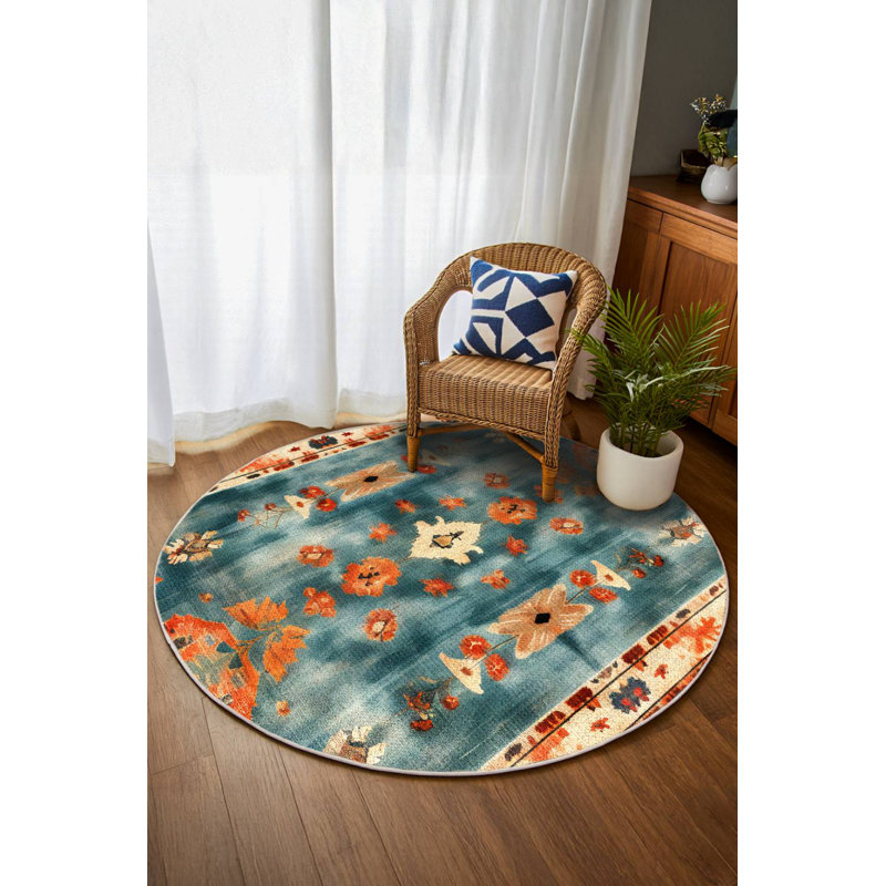 Tapis en mélange de coton et polyester à imprimé numérique Azure Dreams Collection , Rond 3 pi 4 po