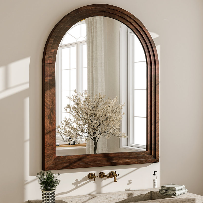 Arched Waterproof Solid Wood Wall Mirror , 36" x 24", Brown