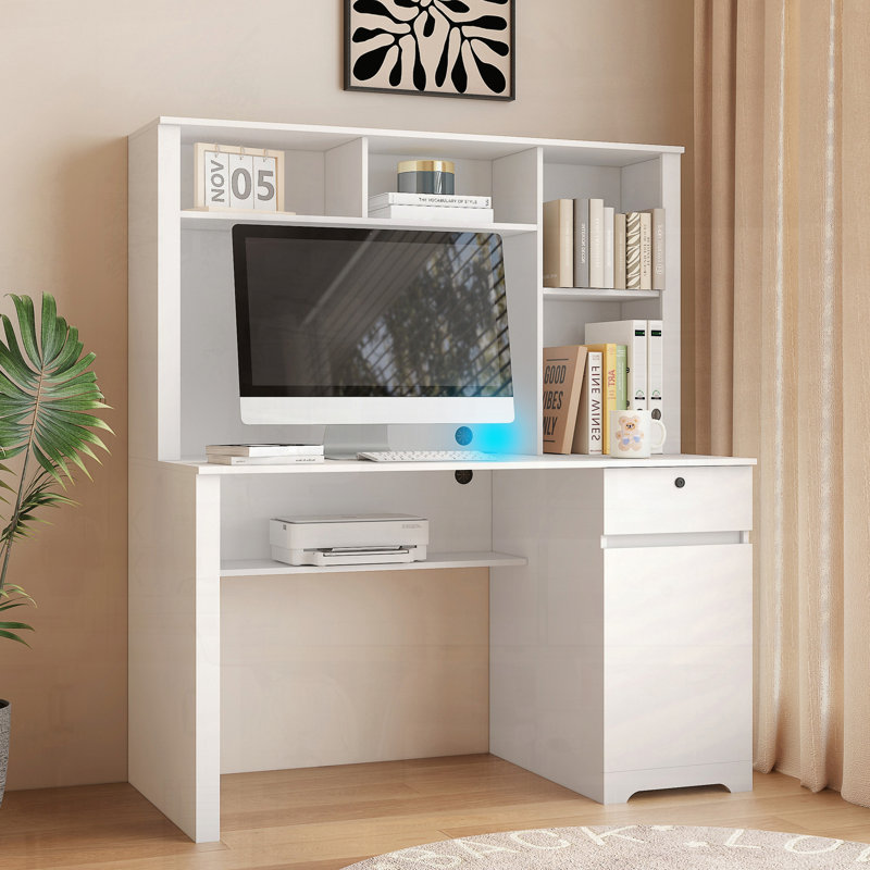 Bureau d'ordinateur avec étagère à tiroirs, Blanc