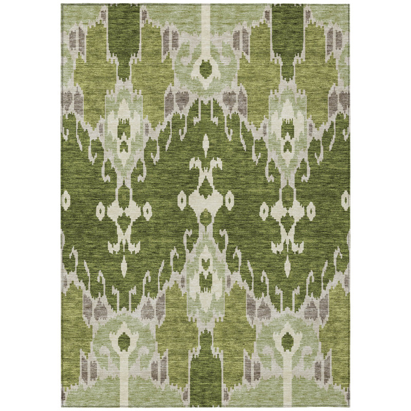Tapis d'intérieur / extérieur lavable en ikat vert olive et artichaut 5 pi x 8 pi HomeRoots