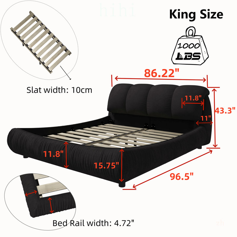 Lit plateforme de luxe King Size entièrement capitonné avec dossier rembourré surdimensionné et cadre en bois massif, adapté à différentes hauteurs de matelas.
