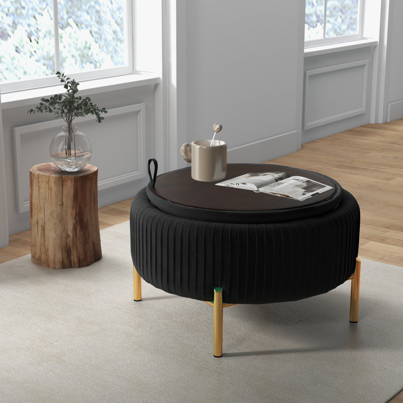 Chynna Upholstered Round Storage Ottoman, Black