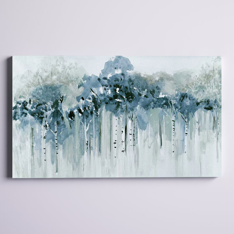 «Blue Birch Morning» par - Peinture, Toile tendue, H 28 po x l 48 po x P 1,5 po