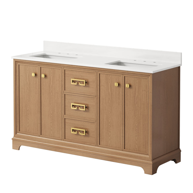 Meuble-lavabo double 60 po avec comptoir en marbre d'ingénierie, lavabo en céramique, dosseret, 60", Brun