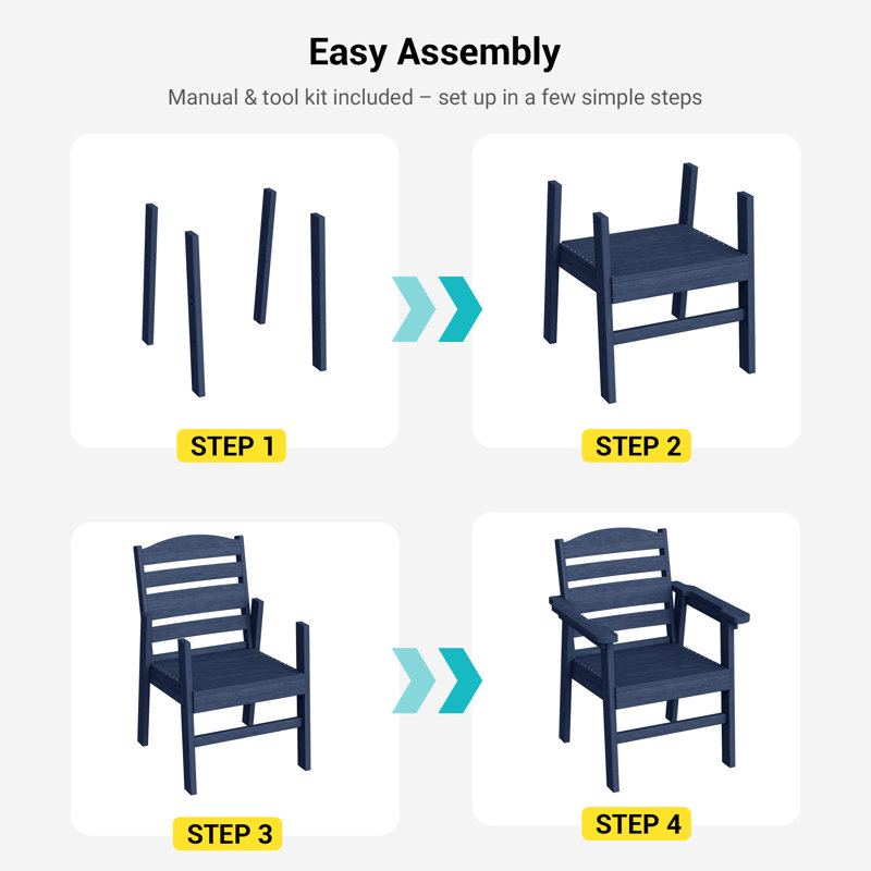 Chaises de patio en HDPE pour l'extérieur, empilables et résistantes aux intempéries avec dossier ergonomique, Marine