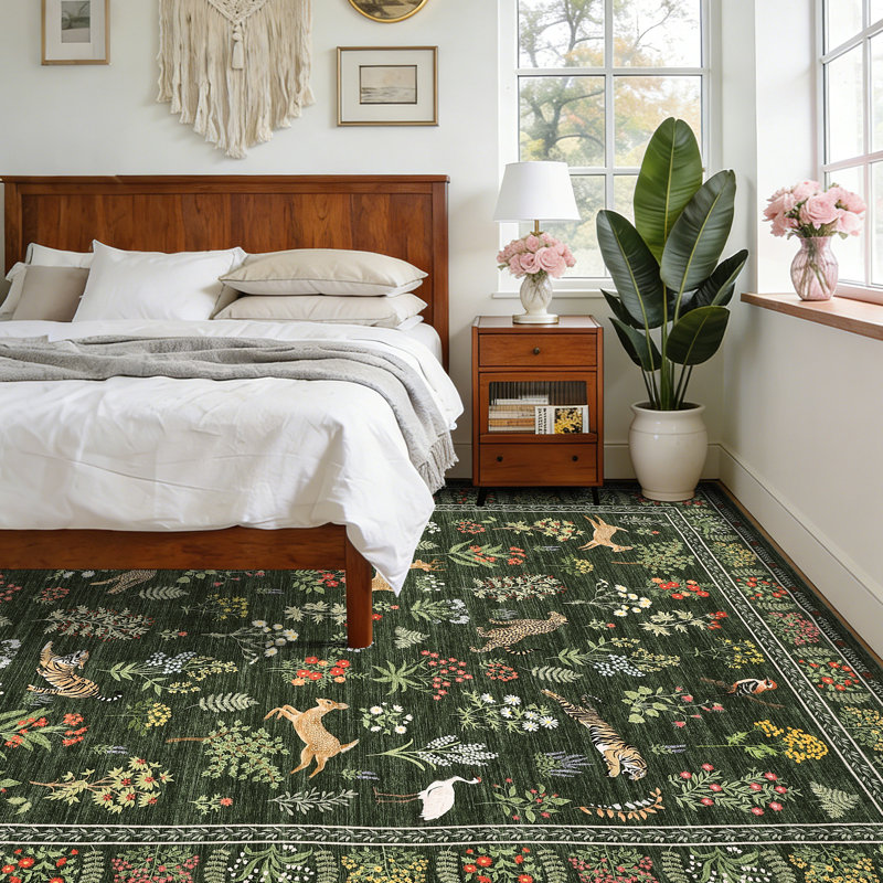 Tapis de jardin lavable à motif floral lavable 5 x 7 tapis antidérapant, tapis pour animaux botaniques, revêtement de sol à poils courts doux et sans perte de poids, tapis pliable mince pour chambre à coucher, chambre de bébé, vert