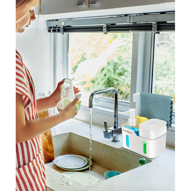 Distributeur de savon et lotion 4 en 1, accessoires pour évier de cuisine avec serviette et éponge épaisse en pâte de bois, distributeur de savon pour les mains et vaisselle à double pompe pour comptoir