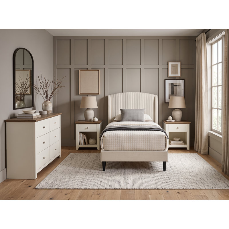 Ensemble de chambre à coucher Mitchell 4 pièces, Beige / ivoire / chêne noueux, 4 Pcs: Bed, Dresser, 2 Nightstands, Twin