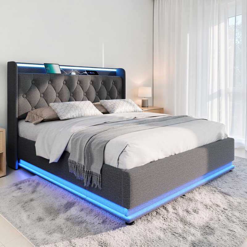 Upholstered 4Ft6 Ottoman Bed Frame With 360 Surround Led Function With Charging Function Hydraulic Storage Bed Frame With Large Storage Space  (No Mattress)
