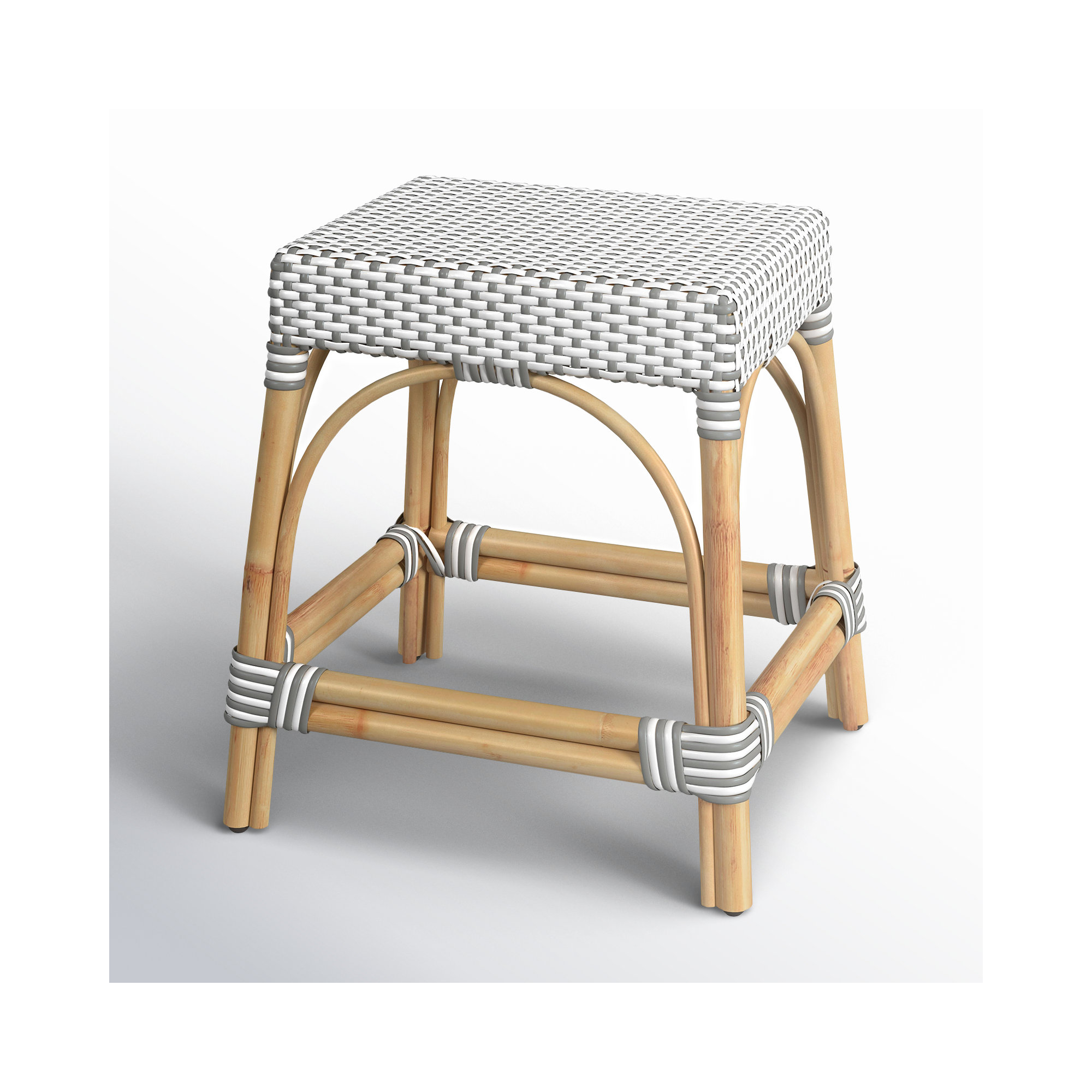 Lennart 18" Rectangular Rattan Dining Stool, White/Gray Dot / Natural Rattan Frame