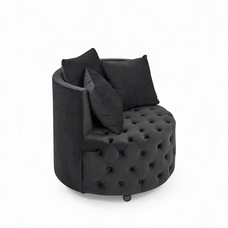 Fauteuil pivotant en velours rembourré pour le salon, avec capitonnage à boutons et roues mobiles, comprenant 3 coussins