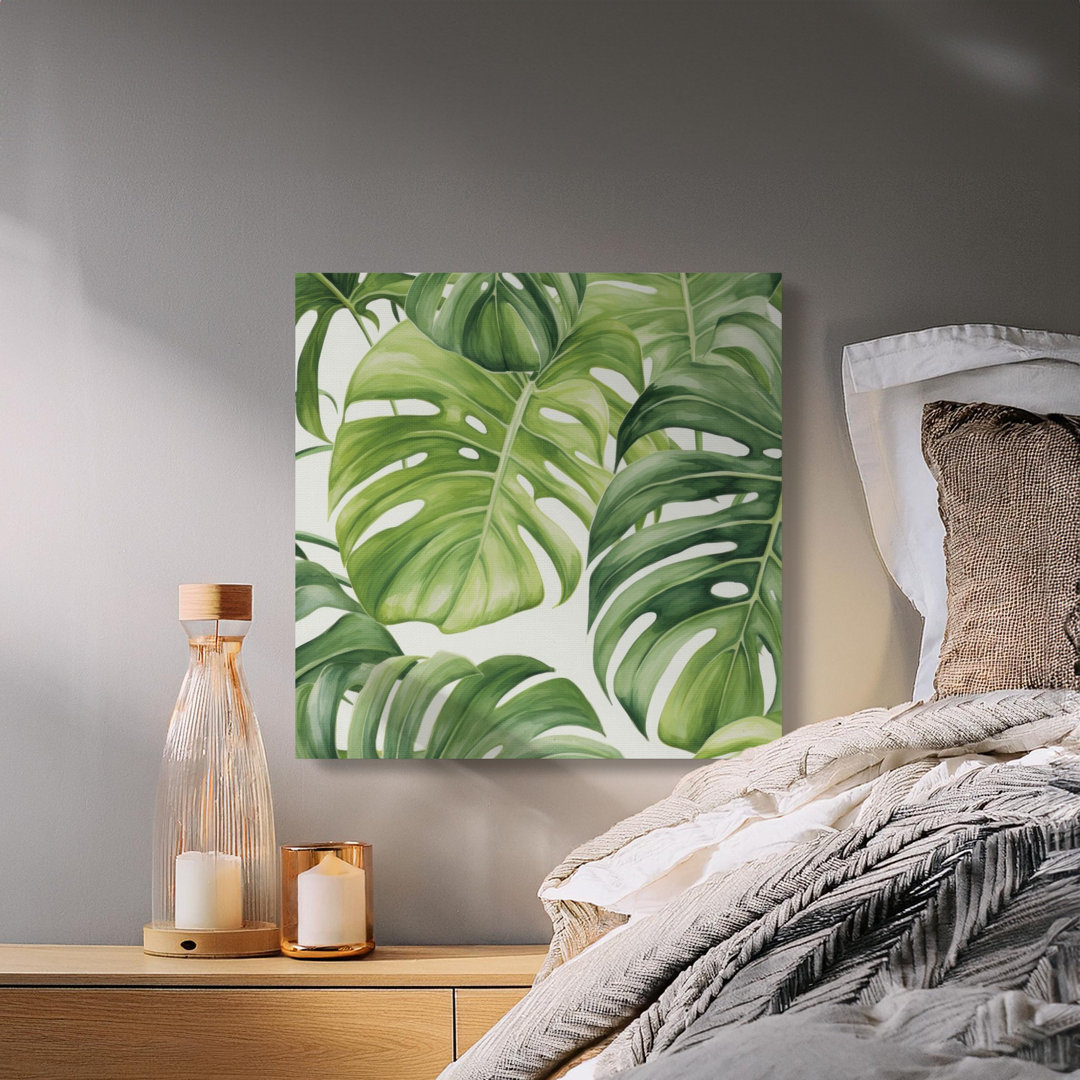 Modern Monstera Leaves Wall Art Canvas, Tropical Botanical Print for Plant Lovers, Green Aesthetic Home Decor Gift
