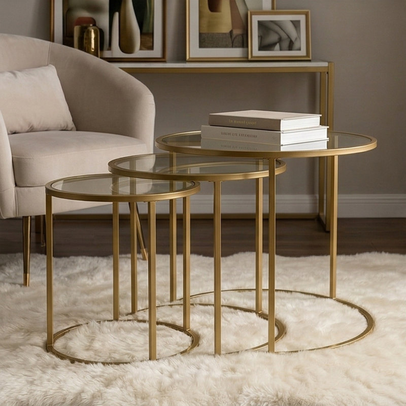 Ensemble de 3 tables basses gigognes avec plateau en verre trempé Elowen, Transparent, Doré