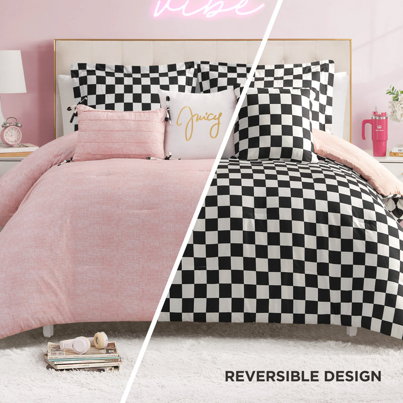Juicy Couture Checkerboard Comforter Sets, Queen Comforter + 5 Additional Pieces, Black/White