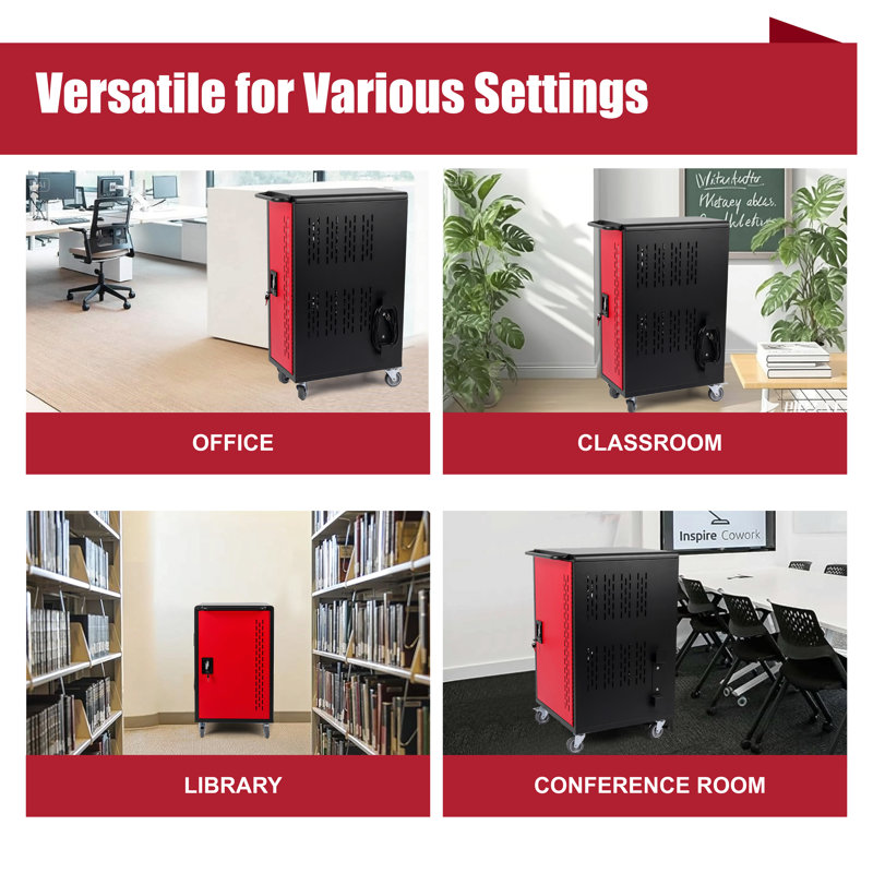 Station de chargement mobile 32 baies pour Chromebook, tablette et ordinateur portable avec multiprise incluse, Rouge