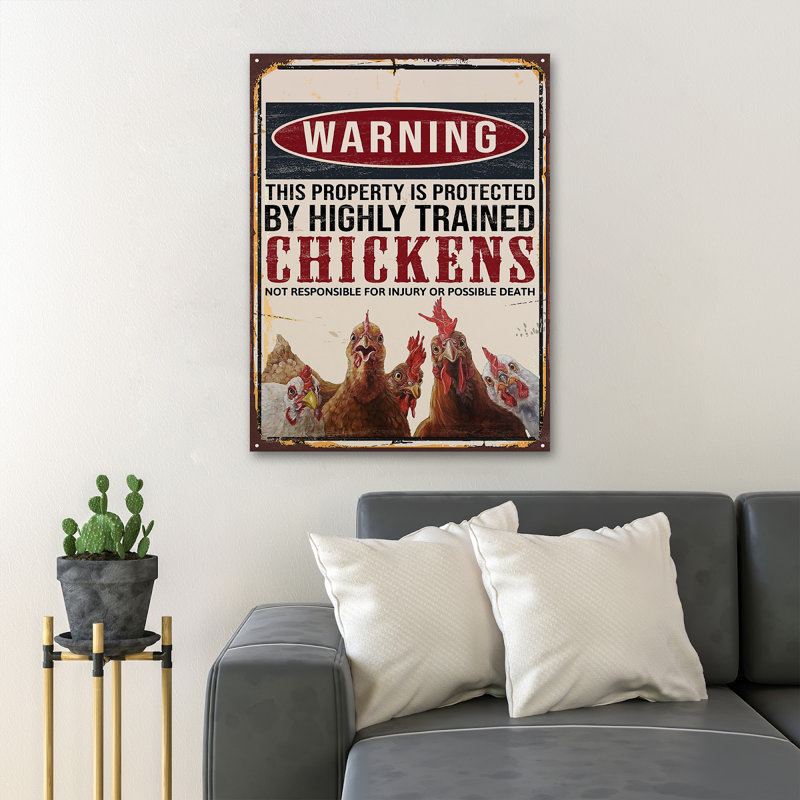 «Curious Roosters» - Avertissement que cette propriété est protégée par des poulets hautement qualifiés qui ne sont pas responsables des blessures ou de la mort possible - 1 reproduction d'art graphique sur toile tendue