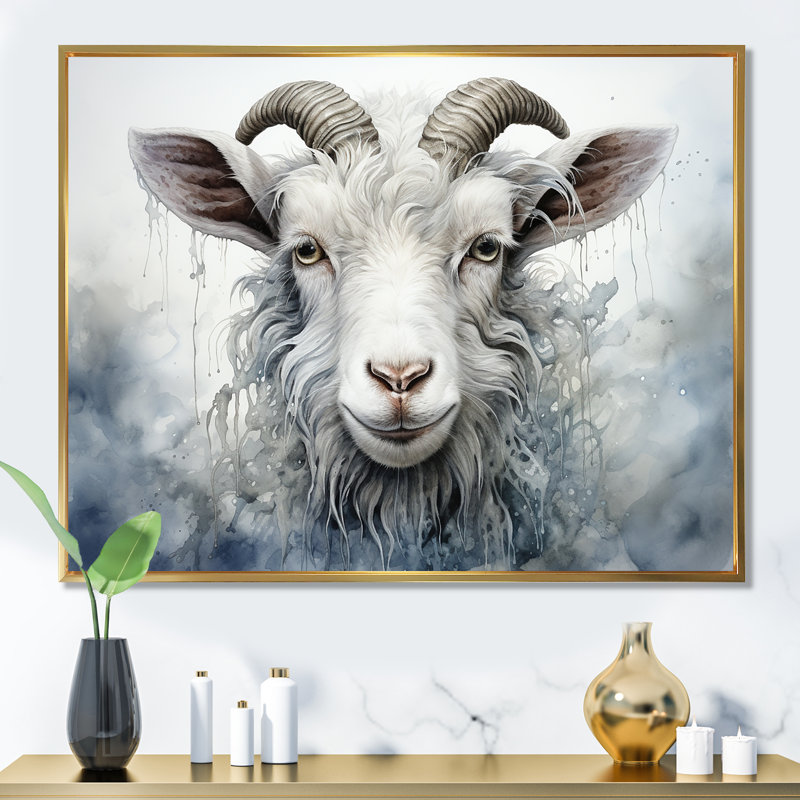Portrait de chèvre en pâture blanche, Cadre flottant doré, H 12 po x l 20 po x P 1 po