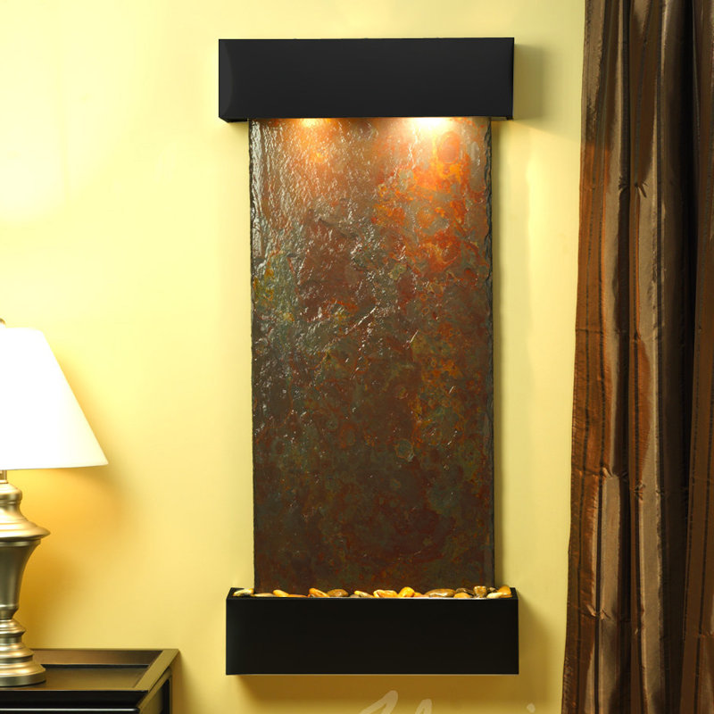 Handcrafted Indoor Natural Stone Waterfall Fountain with Lights, Blackened Copper, Multi-Color Slate