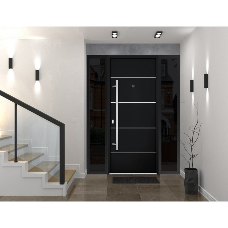 Porte avant en acier pré-suspendue à l'avant / deux portes en émail noir 6083/2 fenêtres extérieures latérales / inserts en acier inoxydable avec entrée en métal peint moderne l 12 + 36 + 12 po x H 80 po à gauche