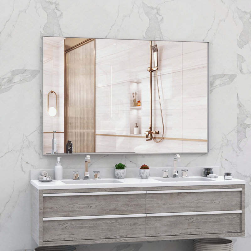 Miroir rectangulaire surdimensionné avec plateau amovible et cadre argenté, Argent