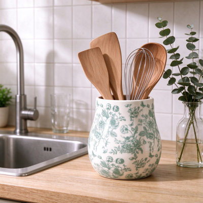 Sage Green and White Floral Ceramic Utensil Holder for Kitchen Countertop, Chinoiserie Butterfly Design, Anti-Slip Cork Base, Rustic Farmhouse Kitchen Decor