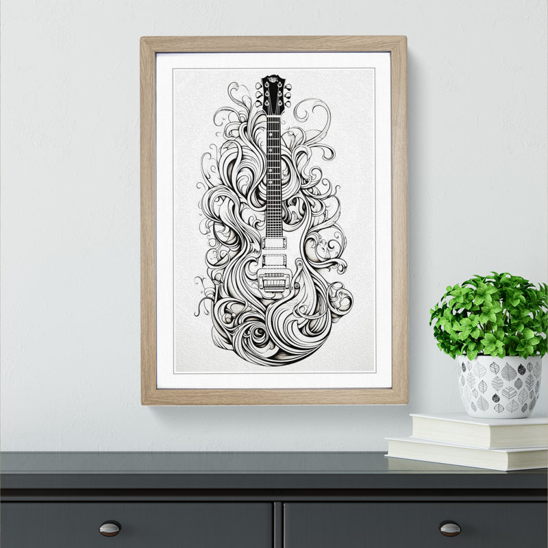Guitar Line No.2 - Single Picture Frame Print on Wood, 64cm H x 46cm W x 2cm D, Oak
