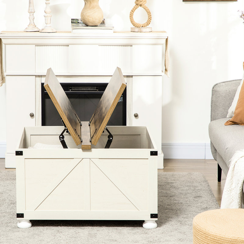 Square Coffee Table With Elegance - Hidden Storage For Living Room Look, Pinewood Legs