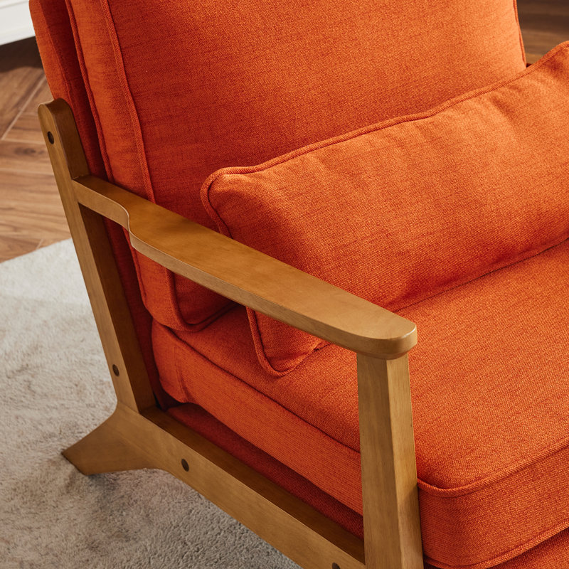 Orange Linen Upholstered Accent Chair with Oak Armrest