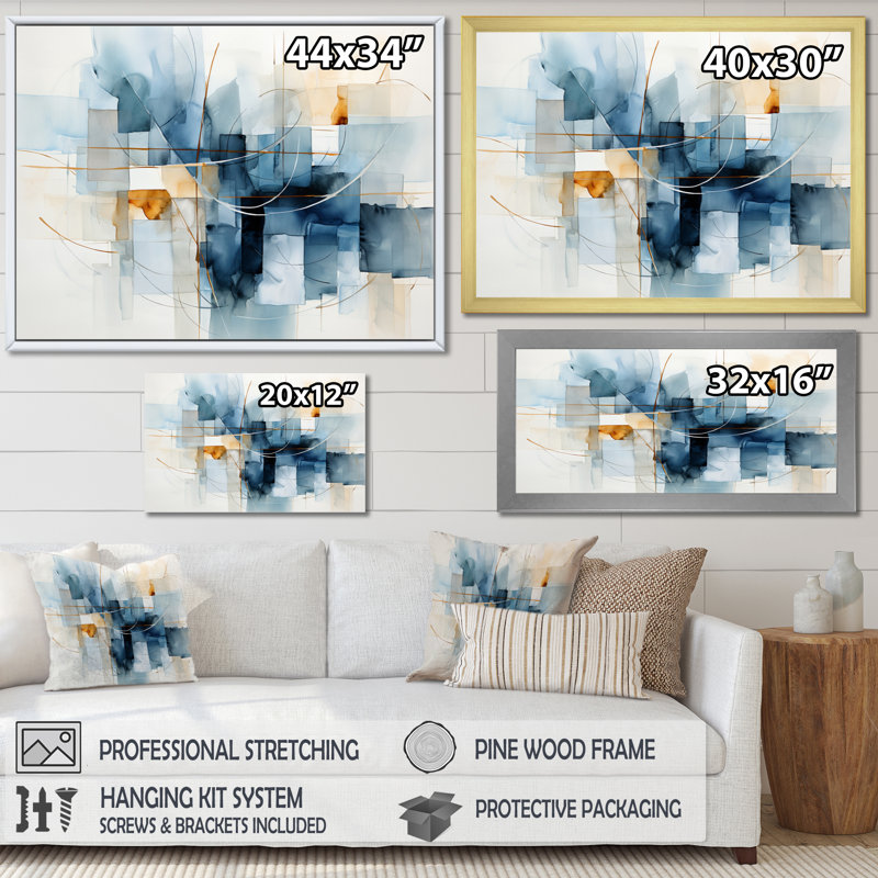 Bleu gris, dessin au trait abstrait géométrique II - art mural, H 30 po x l 40 po x P 1,5 po, Cadre flottant doré