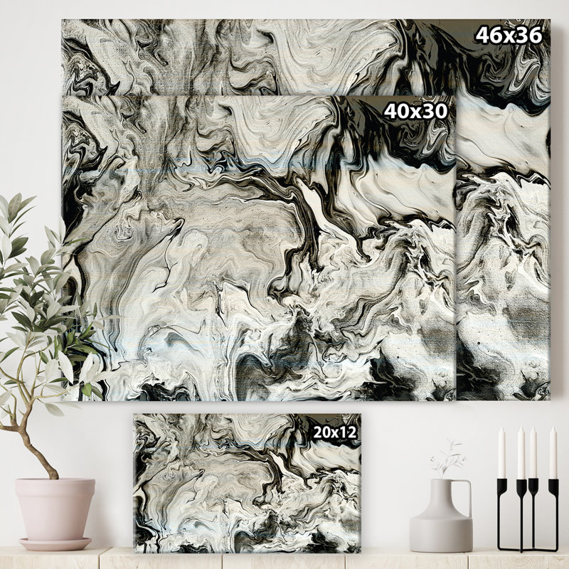 Blanc, gris et blanc peint à la main en marbre acrylique - reproduction d'art sur toile, H 36 po x l 46 po x P 1,5 po