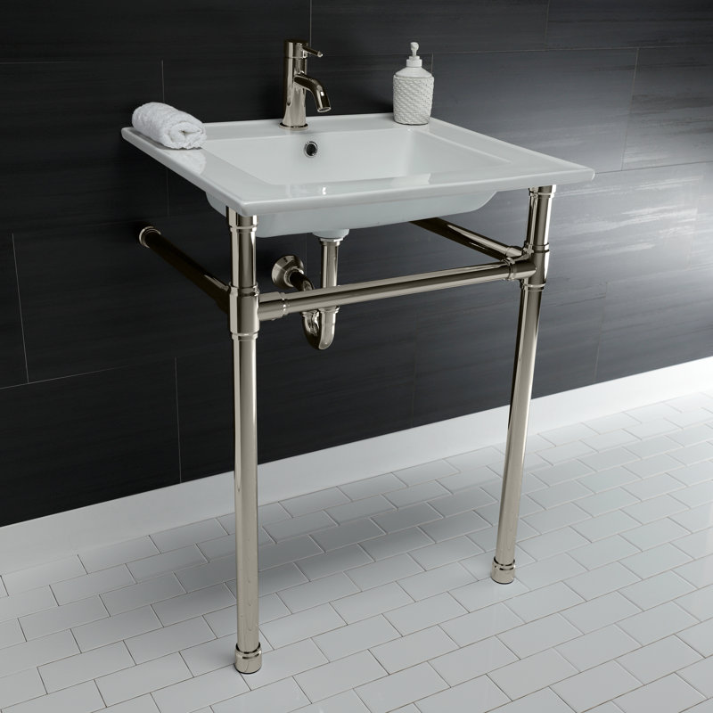 Lavabo de salle de bain console en céramique avec trop-plein, Nickel poli, Simple