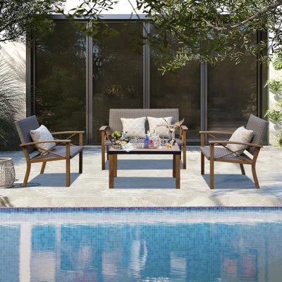4-Piece Outdoor Dining Set,Patio Furniture Set, Modern Conversation Set with Cotton Padding Backrests and Seats, Outdoor Sectional Metal Sofa Set with Cushion and Coffee Table for Balcony, Garden