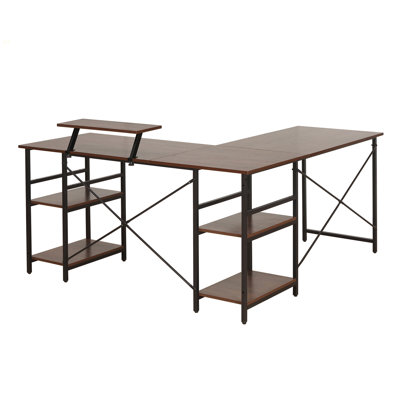 Bureau industriel en L avec tablettes de rangement, noyer Techni Mobile