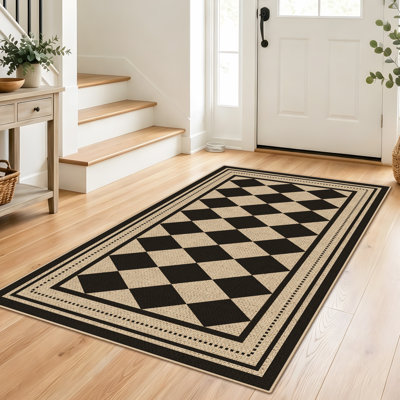 Tapis de couloir Easy Jute à carreaux, tapis de couloir moderne noir 3 x 5 lavable pour tapis de couloir antidérapant, tapis d'intérieur à losanges pour l'entrée de la buanderie