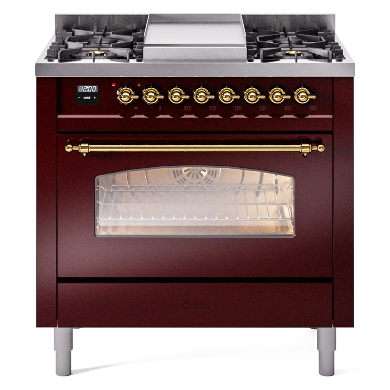 ILVE Nostalgie II Series 36 inch Dual Fuel Range with 6 Burners, Griddle (Glass Door), Burgundy/Brass, Natural Gas