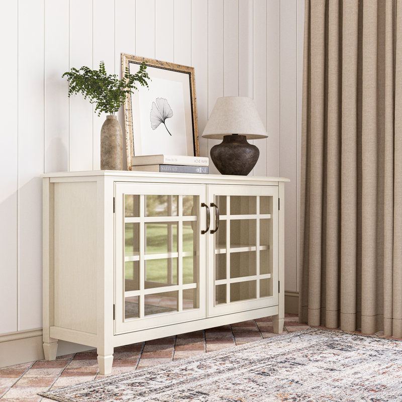 Connaught 46"W Solid Wood Traditional Low Storage Cabinet with Glass Doors and Adjustable Shelves, Antique White