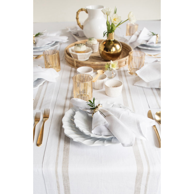 French Stripe - 100% Pure Linen Table Runner, Natural/White, 36" x 14"