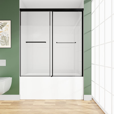 Porte de douche coulissante l 60 po x H 60 po, porte de douche coulissante double en verre semi-sans cadre avec verre trempé transparent de 1/4 po, noir mat