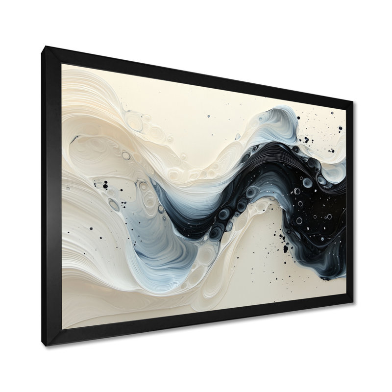 Chesham noir et blanc, Sprial, encre rythmique, rivière I - goutte, art mural, H 30 po x l 40 po, Noir