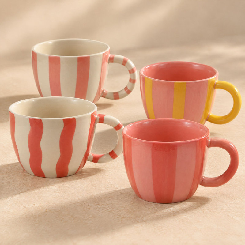 Hand-Painted Stoneware Striped Mug Set