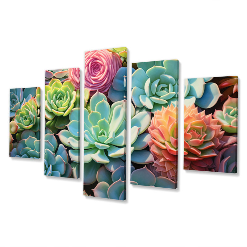 Green Succulents Serenity Garden Ii I - Art mural sur toile floral - 5 panneaux