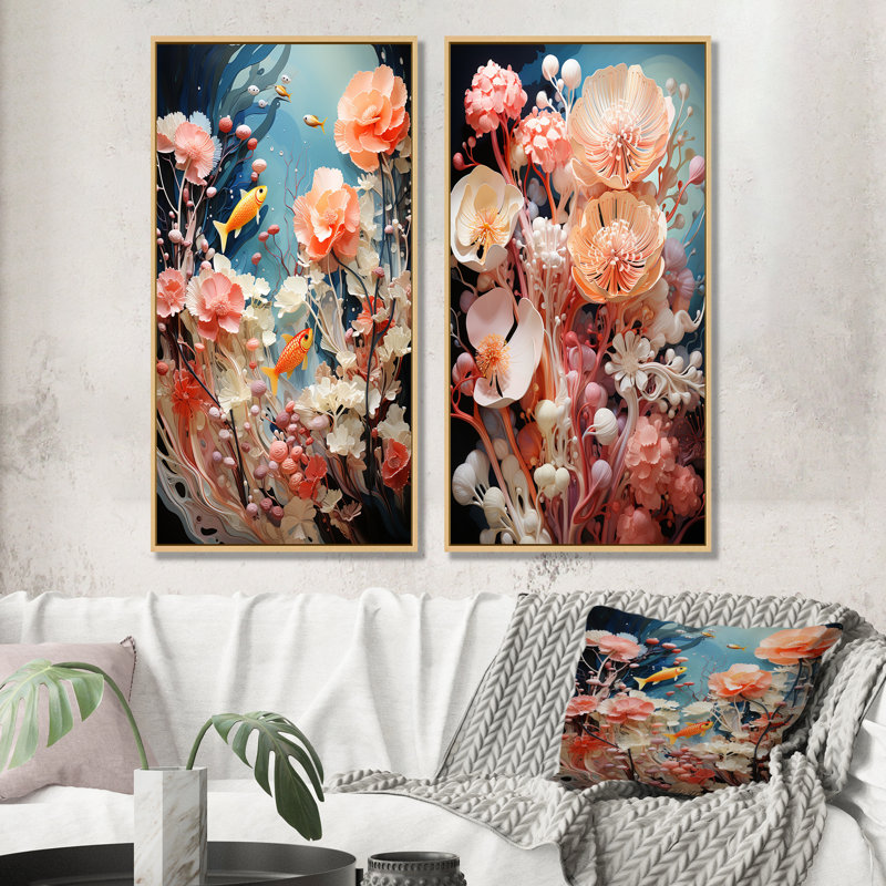 Ensemble de 2 décorations murales marines sous-marines Coral Elegance II - Corail, Encadrement brun, H 40 po x l 41 po