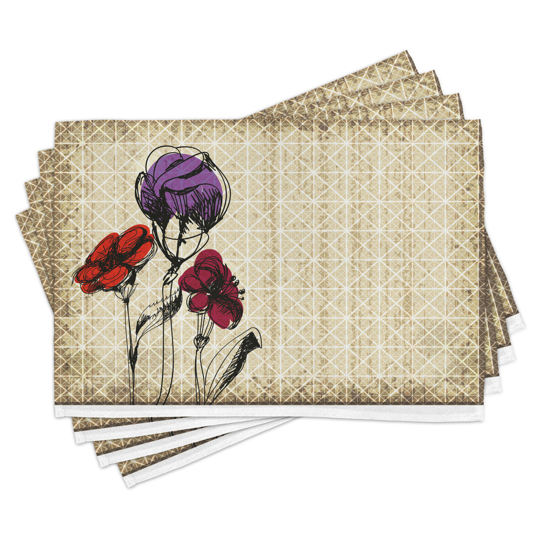 Platzdeckchen 4er Set, Blumenblätter Grunge, Maroon Purple Tan