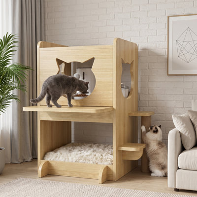 Station de ravitaillement pour chat en bois à 2 niveaux, table de nourriture surélevée avec poteau à griffes, plateforme coulissante, rangement ouvert et entrée en forme de chat