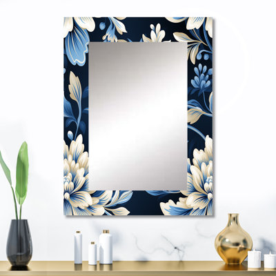 Mathématiques blanc et bleu symétrique damassé - miroir mural damassé, miroir décoratif bohème, impression d'art en métal